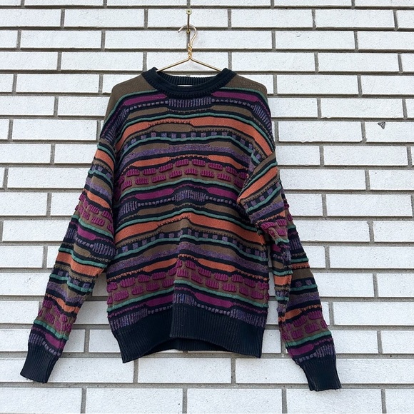 Vintage Reunion Menswear Grandpa 3D Textured Sweater Earthtones Cotton Made USA - Picture 1 of 10